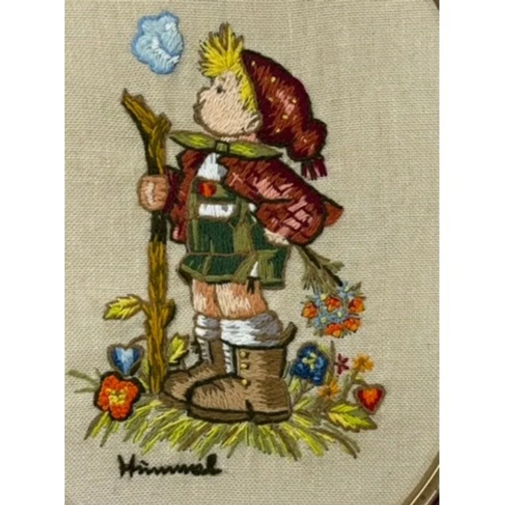 Vintage Hummel Little Hiker Needlepoint Framed Art Happy Go Lucky 13x11 Oval